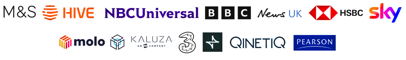 Trusted by leading brands including M&S, Hive, BBC, Crosstide, Sky, News UK, Kaluza, QinetiQ, HSBC, Pearson, NBCUniversal, Three, and Molo.