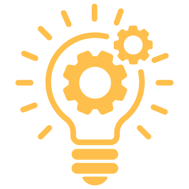 Icon of a glowing gear-infused lightbulb, representing technical product insight, platform scaling, and AI-aligned tooling.