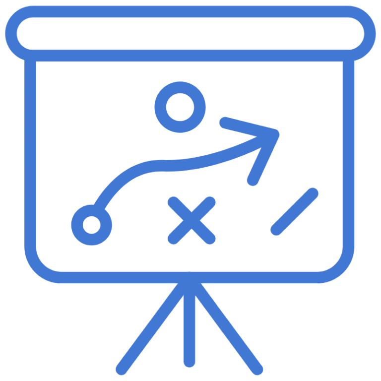 Icon of a tactical playboard with arrows and strategy marks, representing hands-on product delivery and roadmap execution.