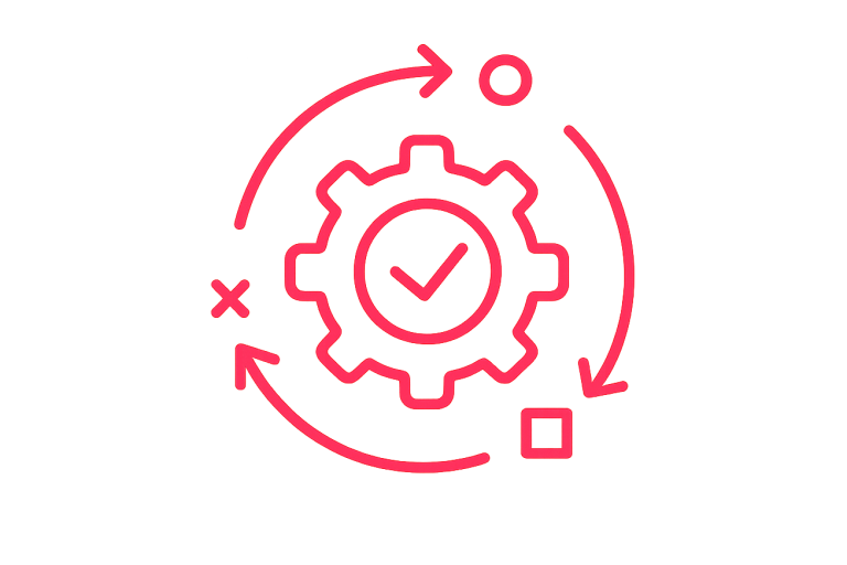 Icon of a process-integrated cog with directional arrows and a check mark, representing organisational change and product-led transformation