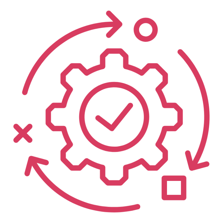 Icon of a process-integrated cog with directional arrows and a check mark, representing organisational change and product-led transformation